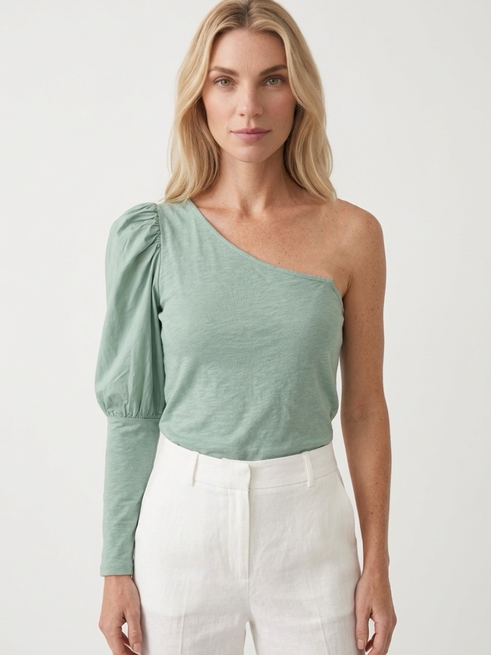 ANTHROPOLOGIE | NATION LTD One-Shoulder Puff Sleeve Top Sage Green NEW Women’s S